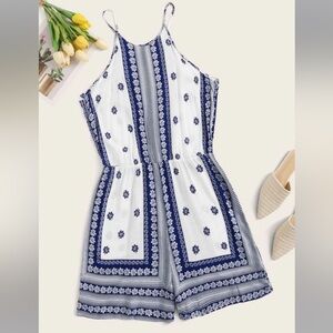 •NWT•XL-1X•MEET ME BY THE SEA BLUE & WHITE BOHO CHIC ROMPER•NEW
